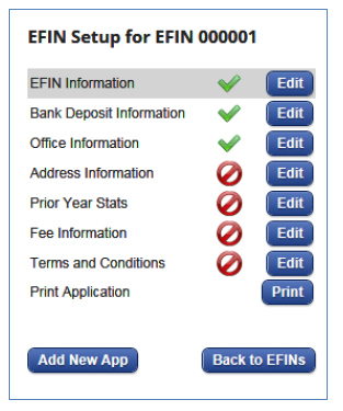 EFIN setup panel EFIN setup panel